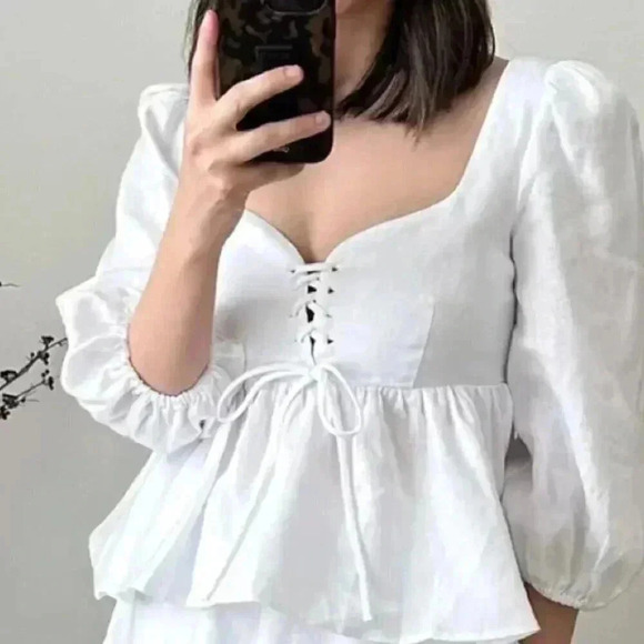 NWT Reformation Abigail White 100% Linen Puff Sleeve Prairie Blouse Top Size 10 - Picture 10 of 10